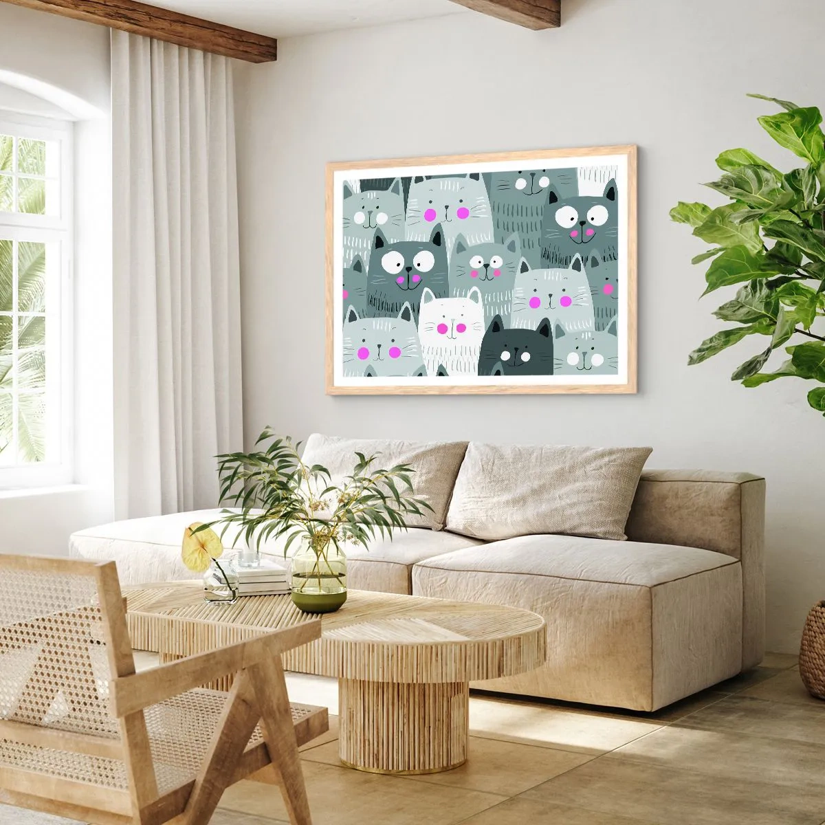 Plagát v ráme zo svetlého duba - Mačací svet - 70x50 cm