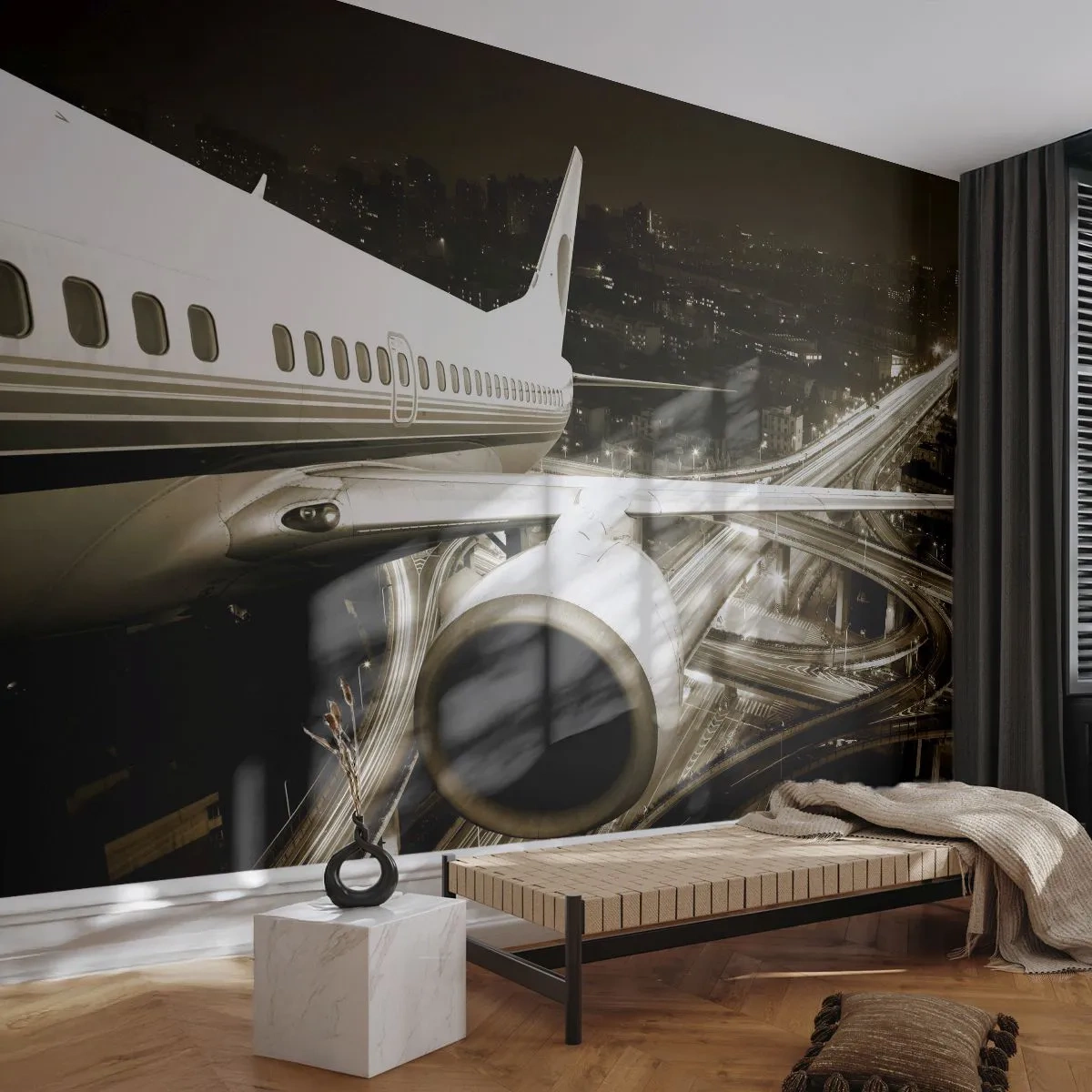 Fototapeta Premium Canvas - Letieť do noci - Lietadlo, Mesto, Automobilový priemysel - 250x175 cm
