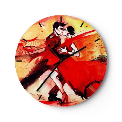 Nástenné hodiny - Pár tancuje tango v odtieňoch červenej a zlatej - 30x30cm - Purpurový rytmus náruživosti - Moderná nástenná dekorácia do obývacej izby, kuchyne a spálne ARTTOR