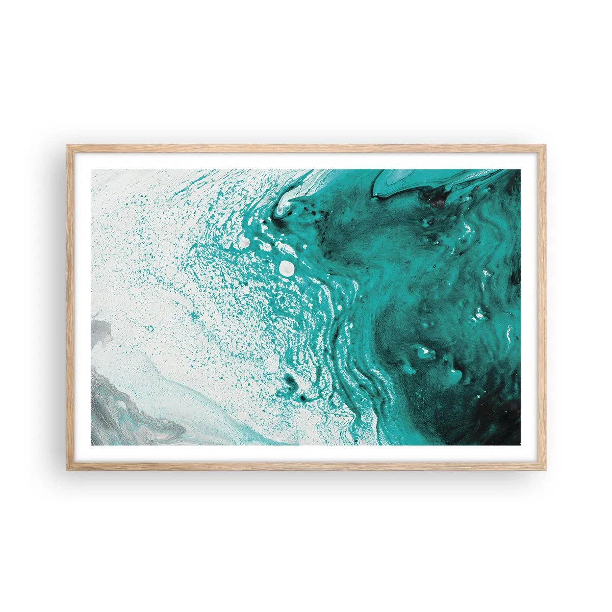 Plagát v ráme zo svetlého duba - Prepadnúť sa v bielej a tyrkysovej - 91x61 cm