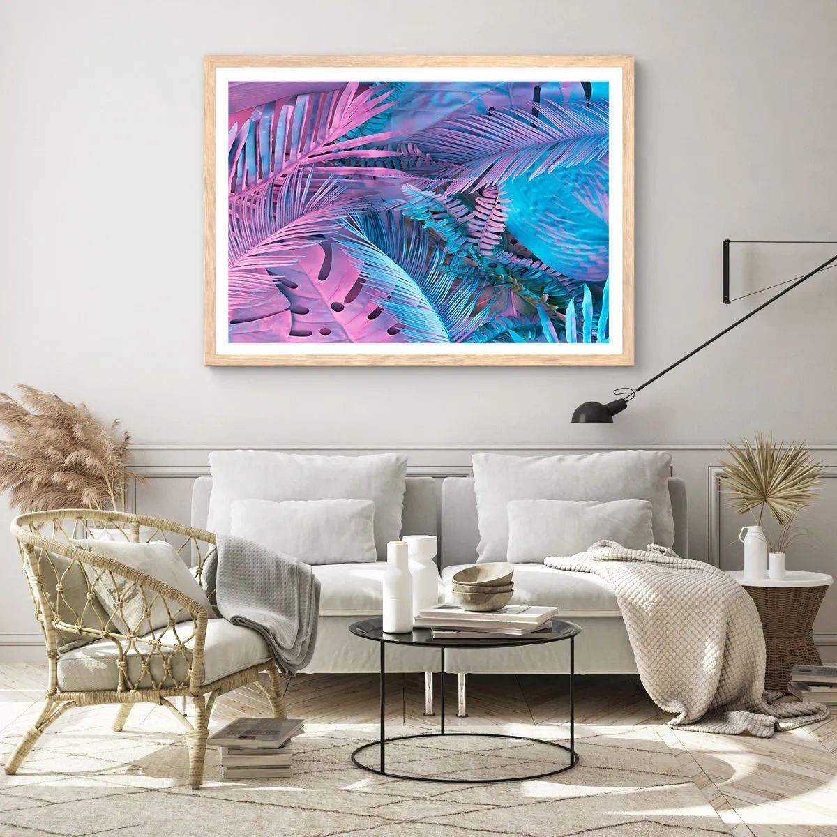 Plagát v ráme zo svetlého duba - Tropy v ružovej a modrej - 70x50 cm