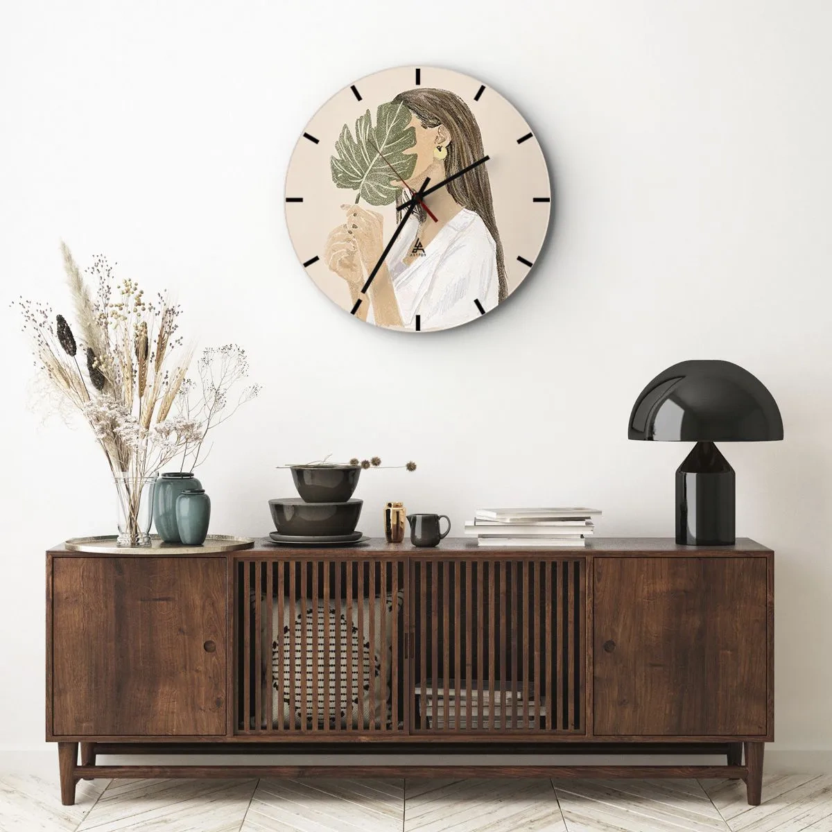 Nástenné hodiny - Tajomný portrét s vejárom - 30x30 cm