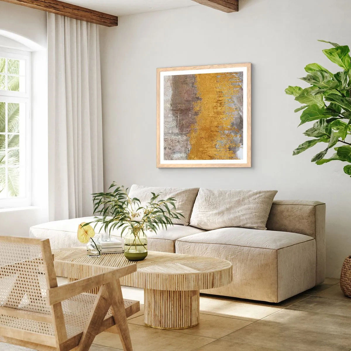 Plagát v ráme zo svetlého duba - Zlatistý závan - 30x30 cm