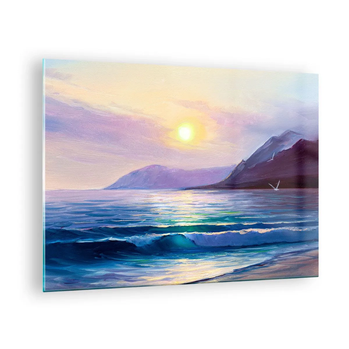Obraz na skle - Malebný západ slnka nad pokojným morom a horami - 70x50cm - Krištáľ vody a vzduchu - Moderná nástenná dekorácia do obývacej izby a spálne ARTTOR