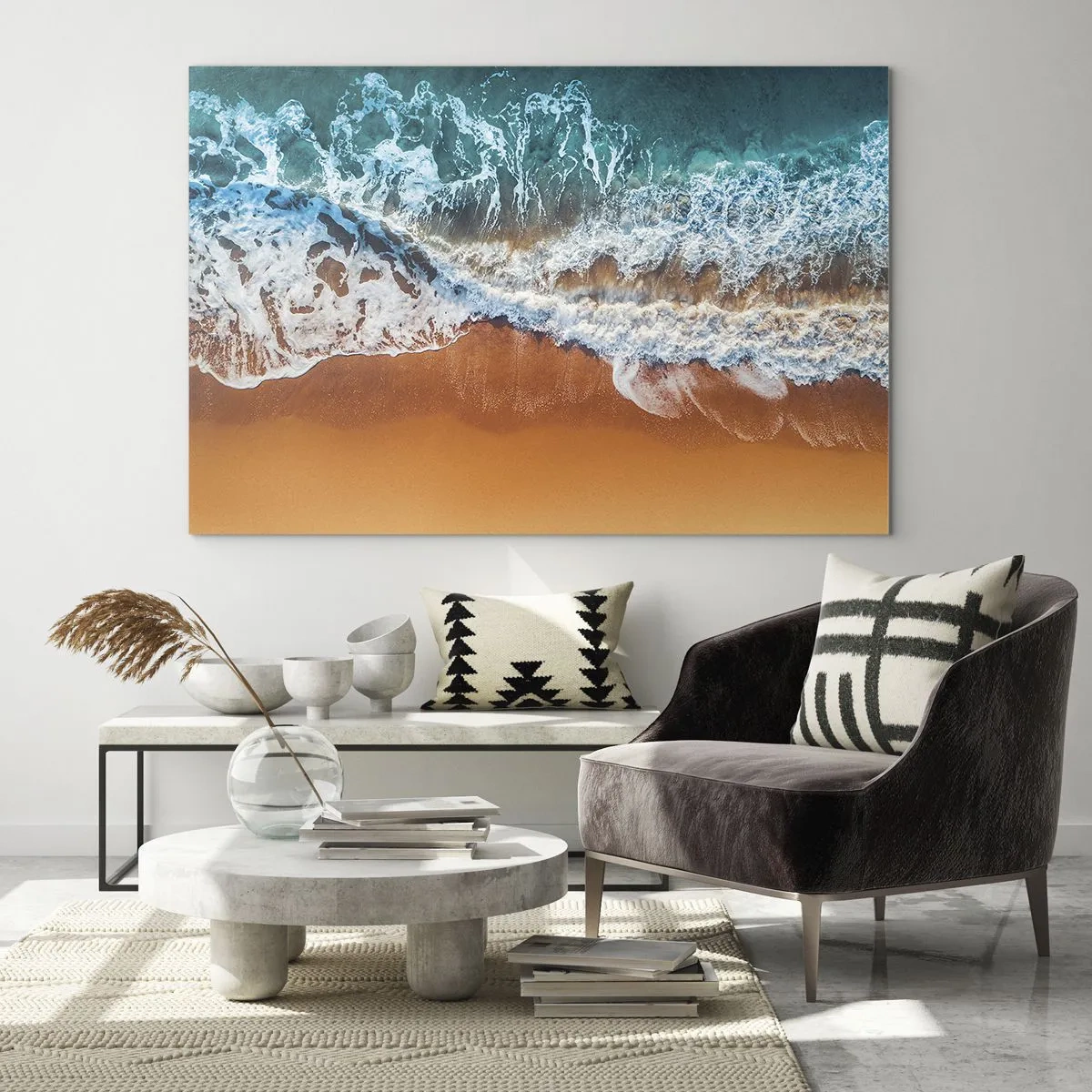 Obraz na skle - Pohľad z vtáčej perspektívy na oceánske vlny narážajúce na breh - 70x50cm - Vždy pár - Moderná nástenná dekorácia do obývacej izby a spálne ARTTOR