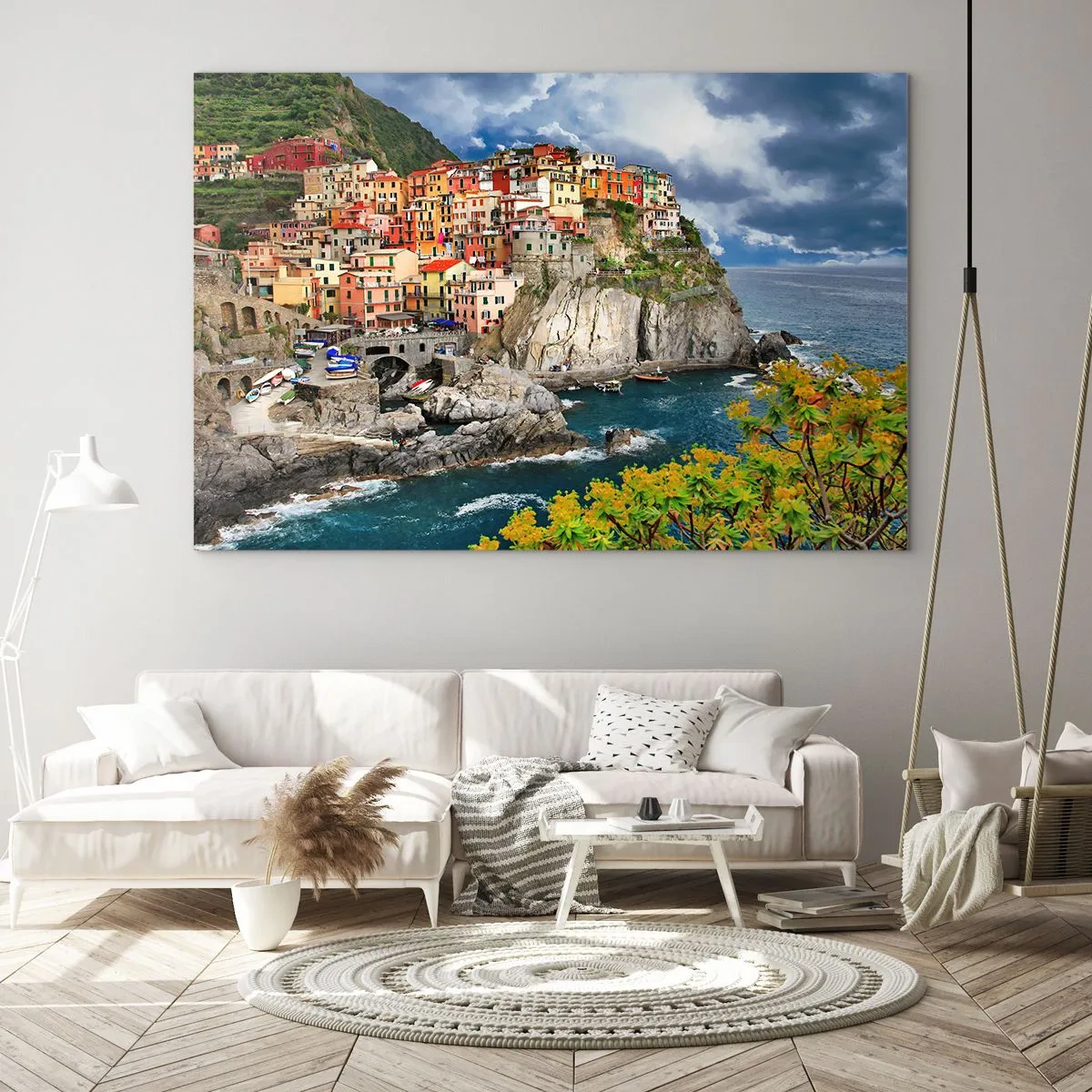Obraz na skle - Farebné mestečko na útese pri mori - 70x50cm - Hromádka pritúlená k skalám - Moderná nástenná dekorácia do obývacej izby a spálne ARTTOR