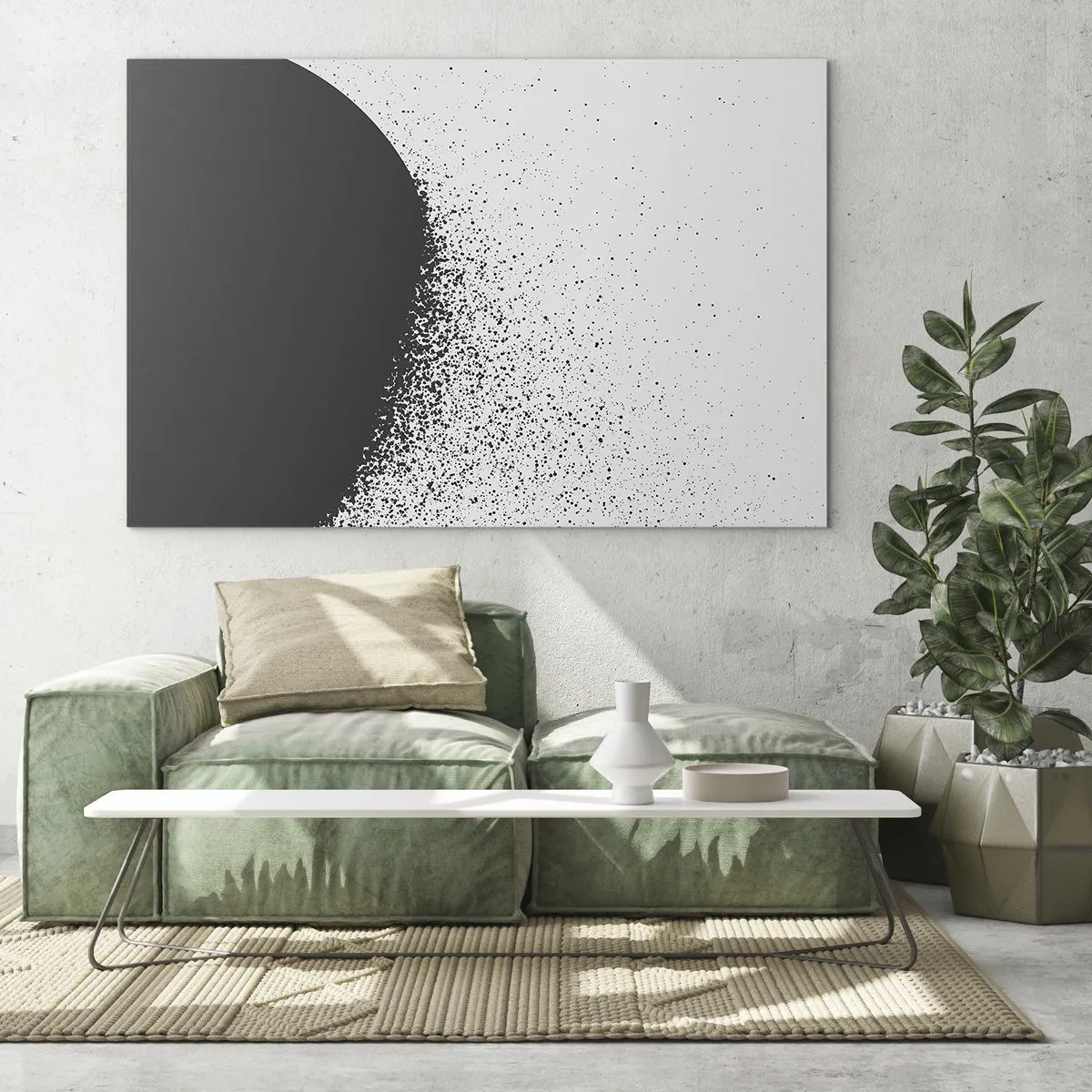 Obraz na skle - Abstrakcia rozpadajúcej sa čiernej hmoty na bielom pozadí - 70x50cm - Pohyb častíc - Moderná nástenná dekorácia do obývacej izby a spálne ARTTOR