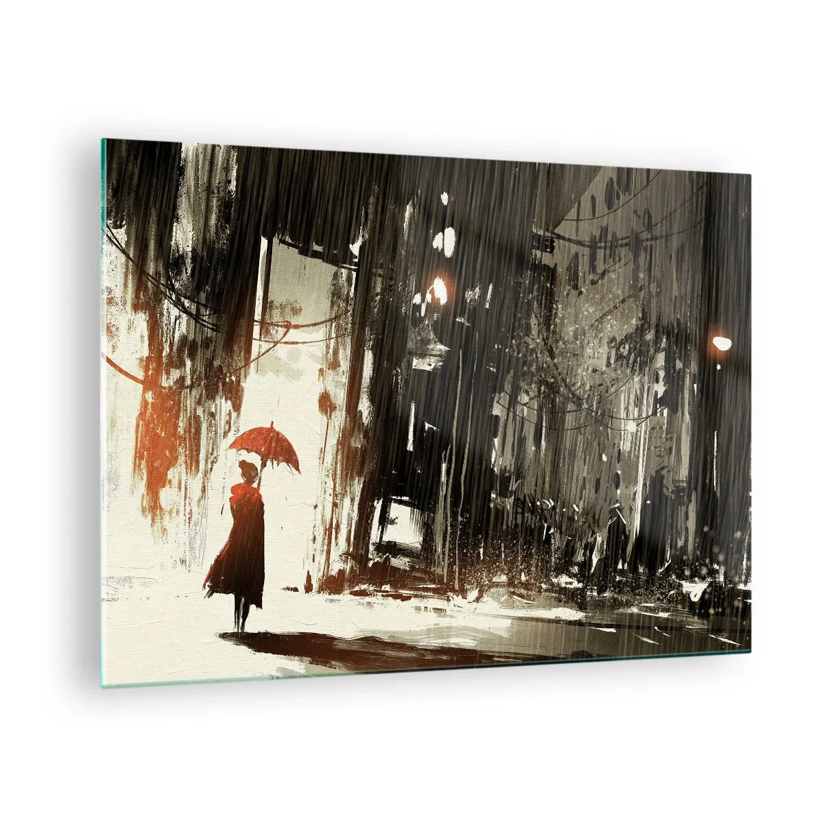 Obraz na skle - Osoba s červeným dáždnikom v daždi na tmavom pozadí mesta. - 70x50cm - Poézia červeného dáždnika - Moderná nástenná dekorácia do obývacej izby a spálne ARTTOR