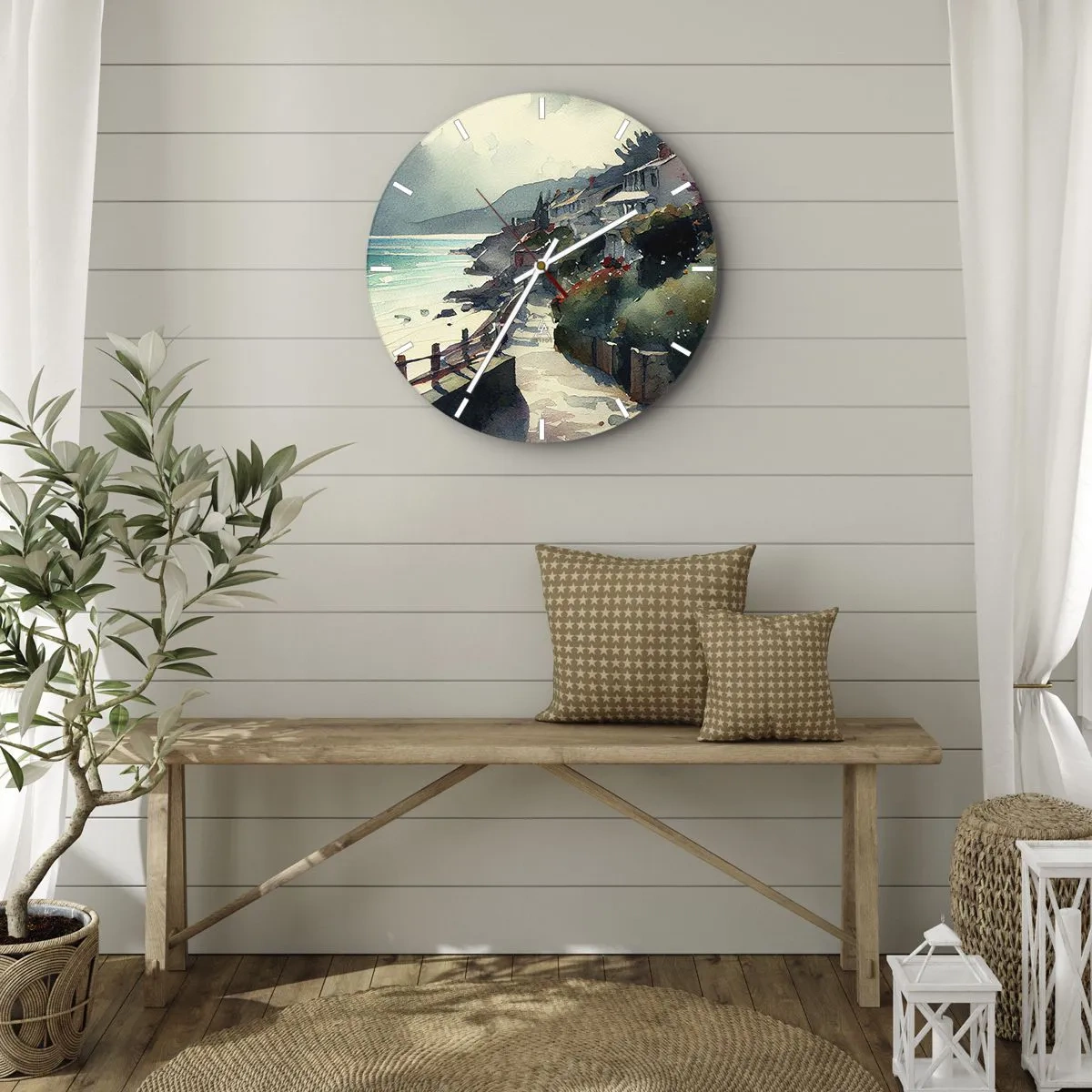 Nástenné hodiny - Pobrežný chodník vedúci cez stredomorské budovy s výhľadom na more - 30x30cm - Stredomorské mestečko - Moderná nástenná dekorácia do obývacej izby, kuchyne a spálne ARTTOR
