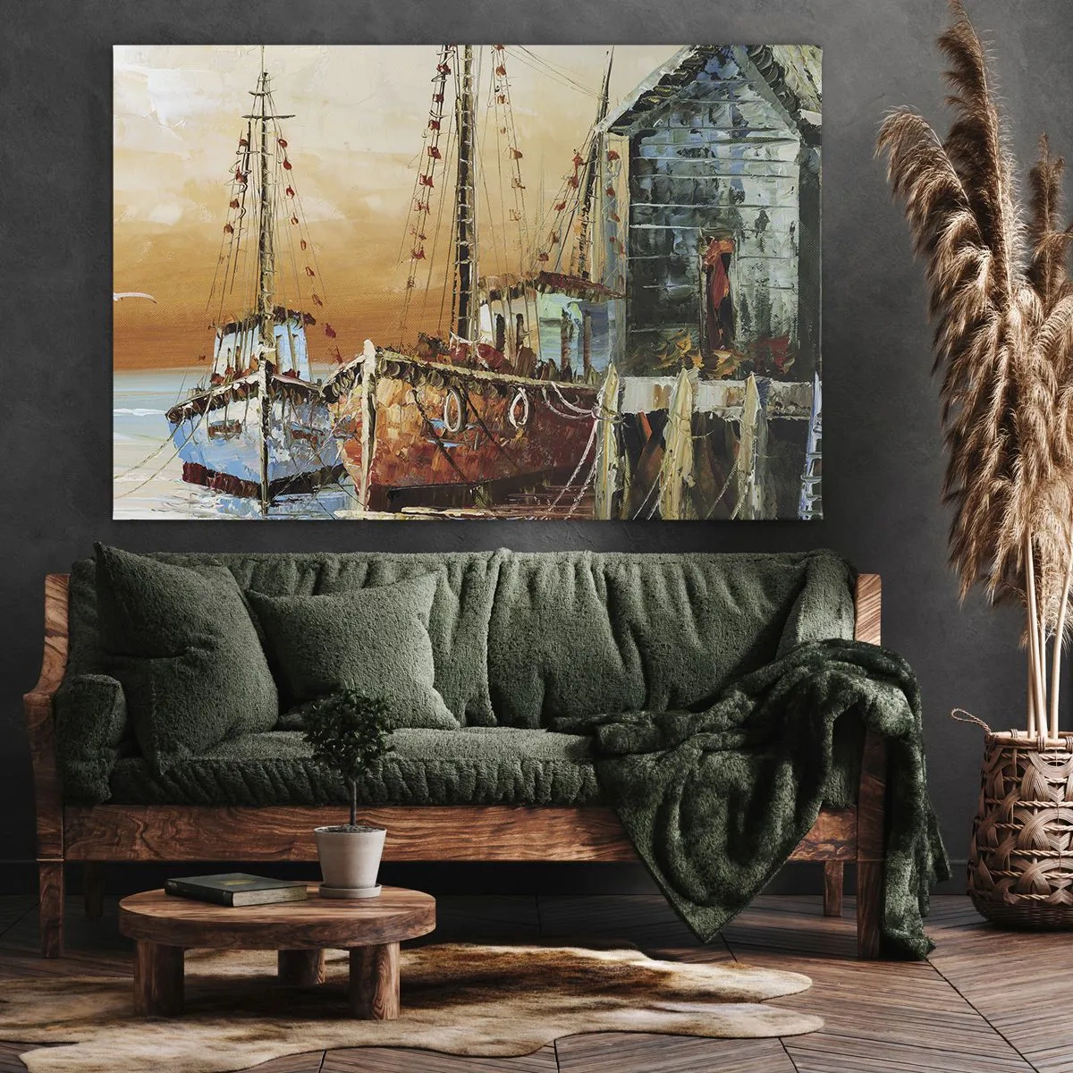 Obraz na plátne - Lode na brehu v teplom svetle západu slnka - 70x50cm - Pokojný návrat - Moderná nástenná dekorácia do obývacej izby a spálne ARTTOR