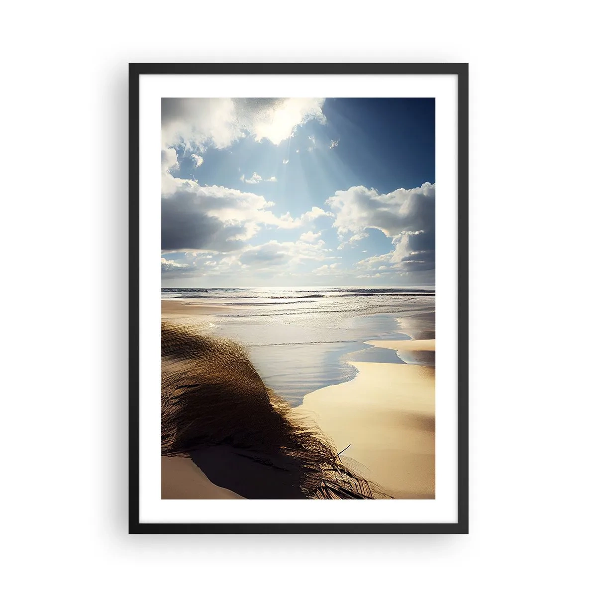 Plagát v čiernom ráme - Pláž pri západe slnka s vlnami a oblakmi - 50x70cm - Pláž, divoká pláž - Moderná nástenná dekorácia do obývacej izby a spálne ARTTOR
