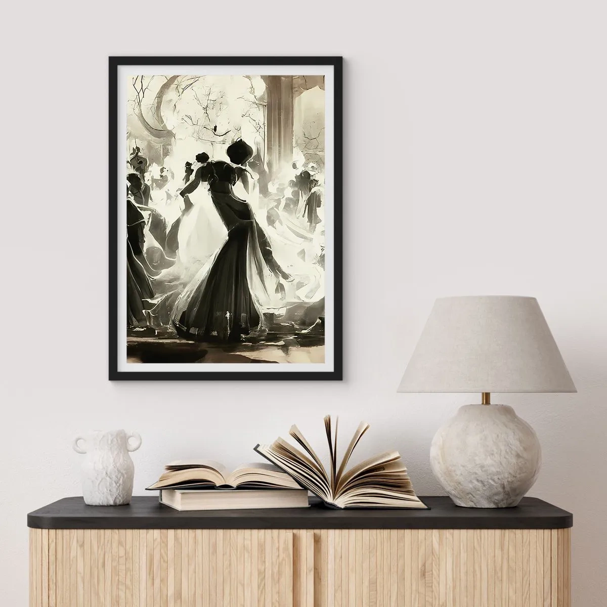 Plagát v čiernom ráme - Elegantná lopta v čiernej a bielej farbe - 50x70cm - Veľká maškaráda - Moderná nástenná dekorácia do obývacej izby a spálne ARTTOR