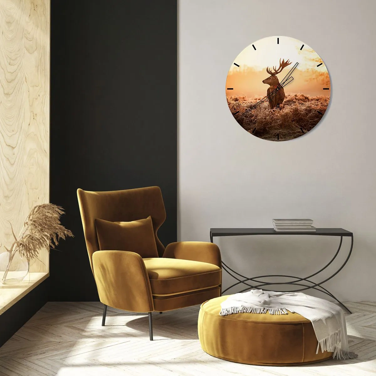 Nástenné hodiny - Jeleň v rannej hmle v teplých odtieňoch zlata - 30x30cm - Pán na panstve - Moderná nástenná dekorácia do obývacej izby, kuchyne a spálne ARTTOR
