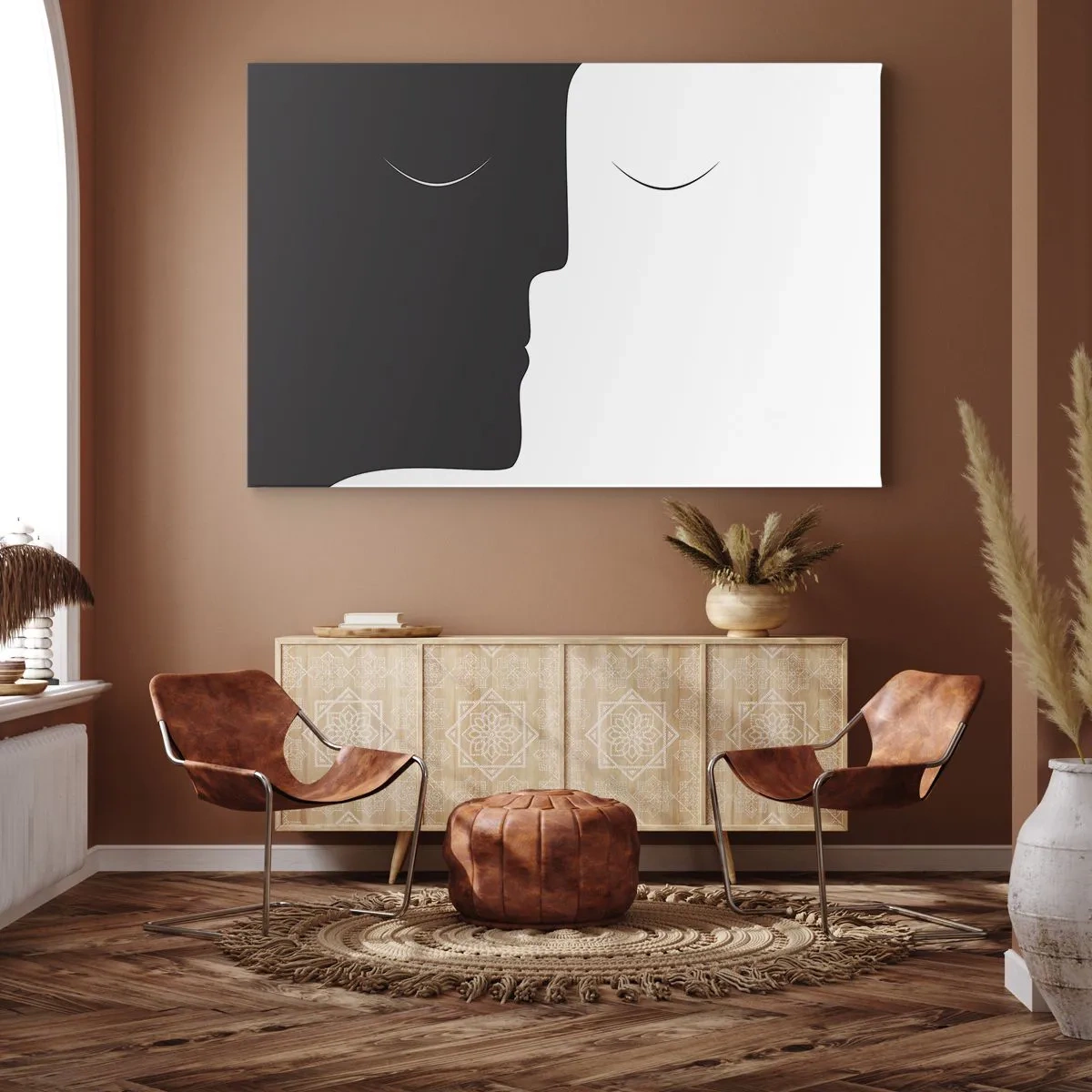 Obraz na plátne - Minimalistická silueta dvoch tvárí v kontrastných farbách. - 70x50cm - Jednota protikladov - Moderná nástenná dekorácia do obývacej izby a spálne ARTTOR