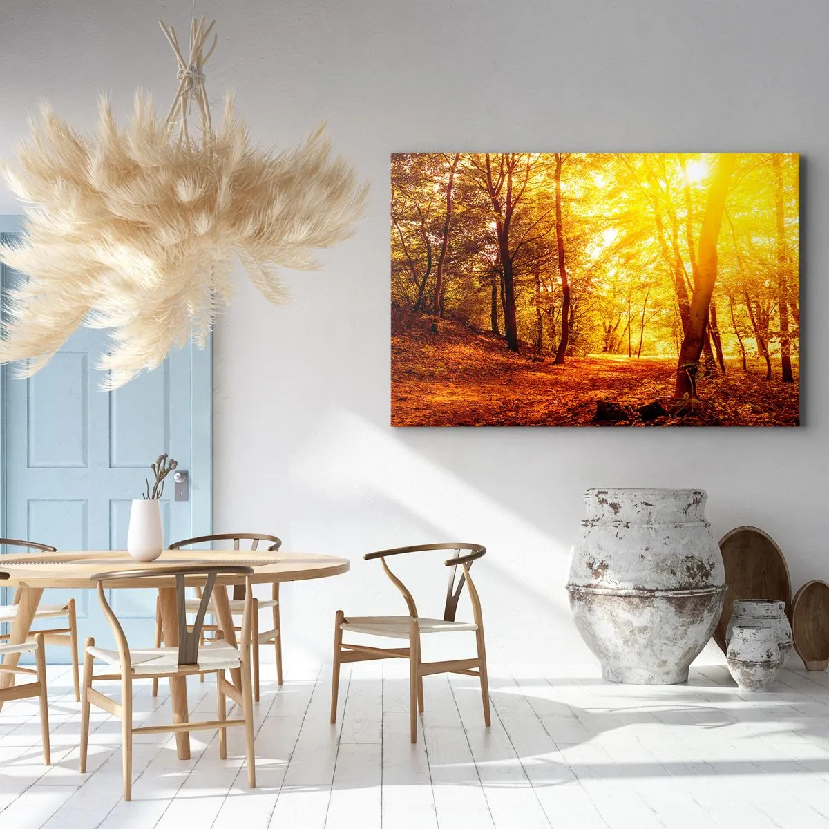 Obraz na plátne - Jesenná čistinka v zlatom slnečnom svetle s lesným chodníkom - 70x50cm - K zlatej čistinke - Moderná nástenná dekorácia do obývacej izby a spálne ARTTOR