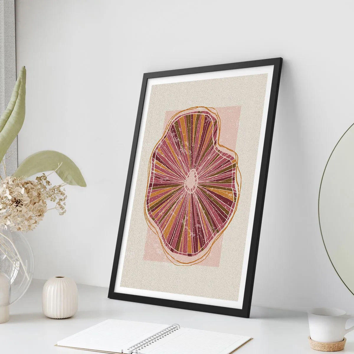Plagát v čiernom ráme - Abstraktný prierez stromu v odtieňoch ružovej a hnedej. - 50x70cm - Radiálna abstrakcia - Moderná nástenná dekorácia do obývacej izby a spálne ARTTOR