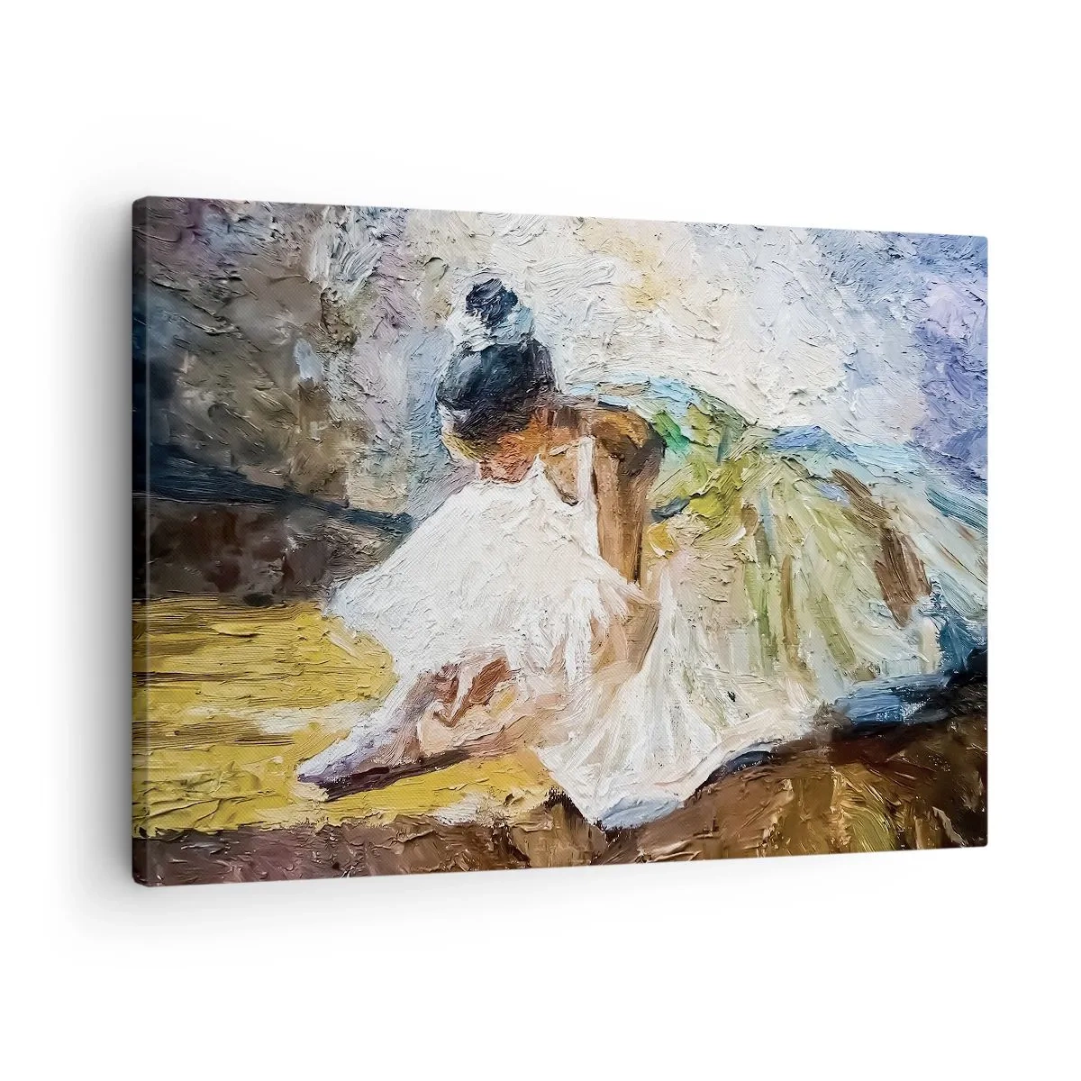 Obraz na plátne - Baletka v bielych šatách v maliarskom štýle na impresionistickom pozadí. - 70x50cm - Z Degasovho obrazu - Moderná nástenná dekorácia do obývacej izby a spálne ARTTOR