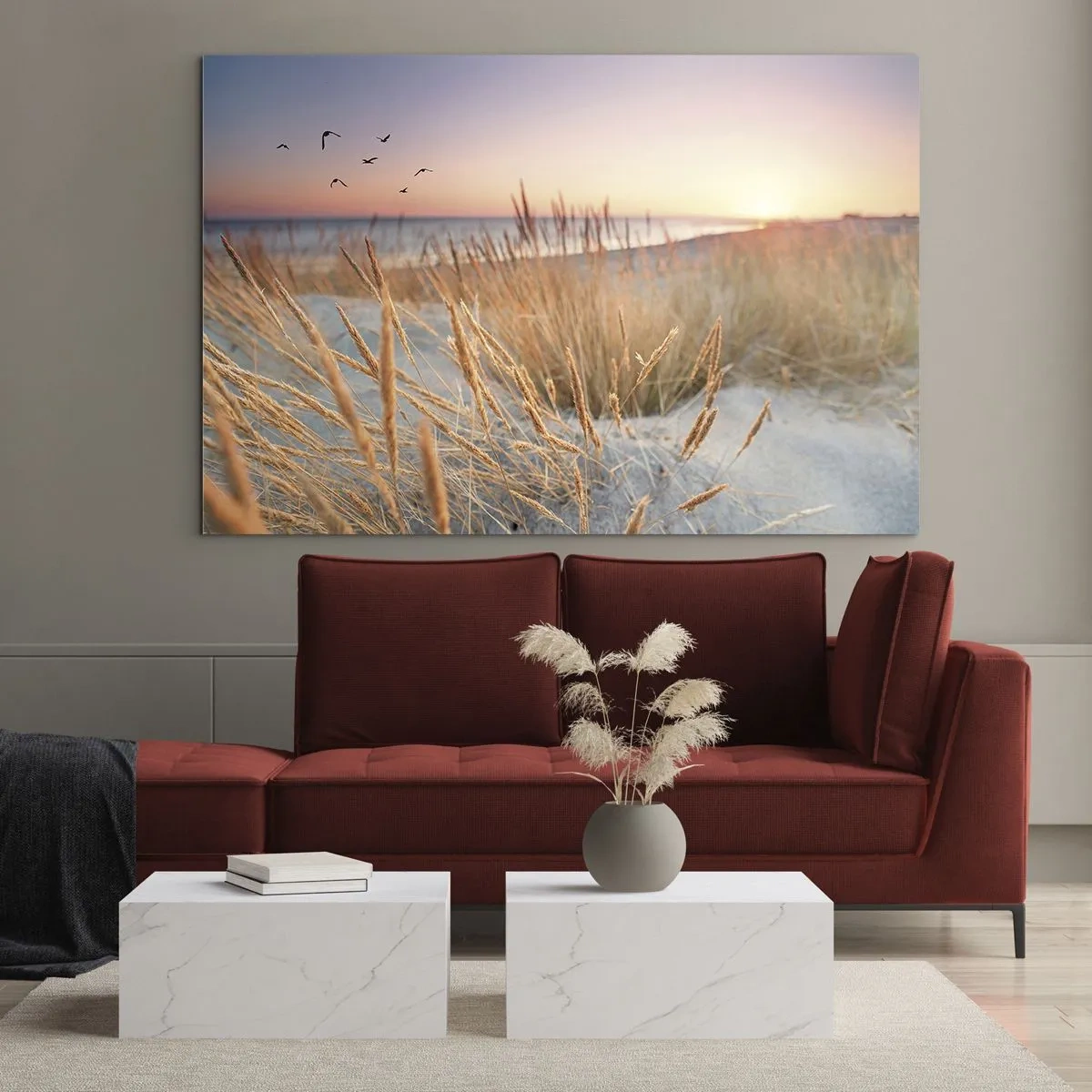 Obraz na skle - Pláž s trávou a slnko zapadajúce nad morom - 70x50cm - Baltská uspávanka - Moderná nástenná dekorácia do obývacej izby a spálne ARTTOR