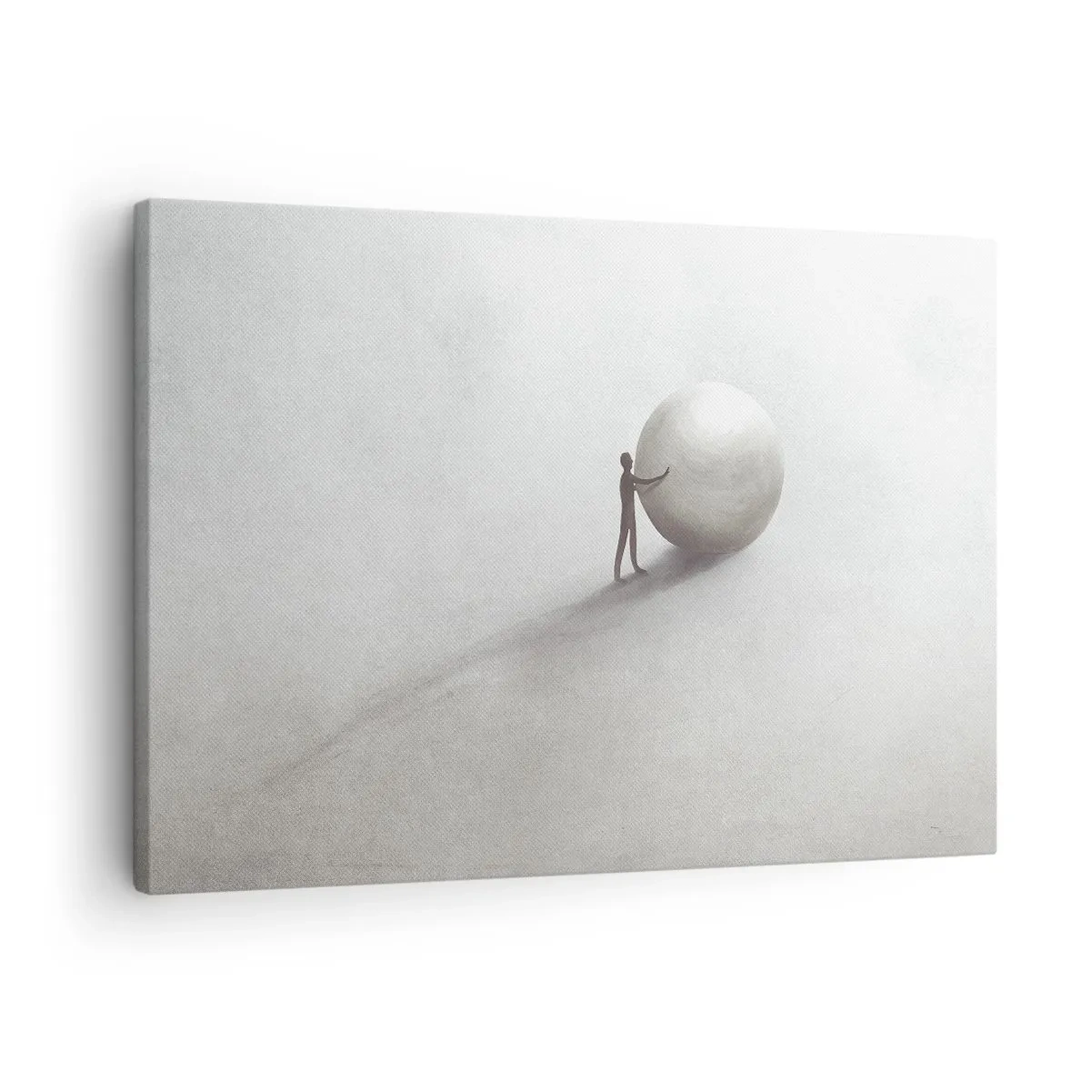 Obraz na plátne - Minimalistická postava s loptou na svetlom, monochromatickom pozadí. - 70x50cm - Hra života - Moderná nástenná dekorácia do obývacej izby a spálne ARTTOR