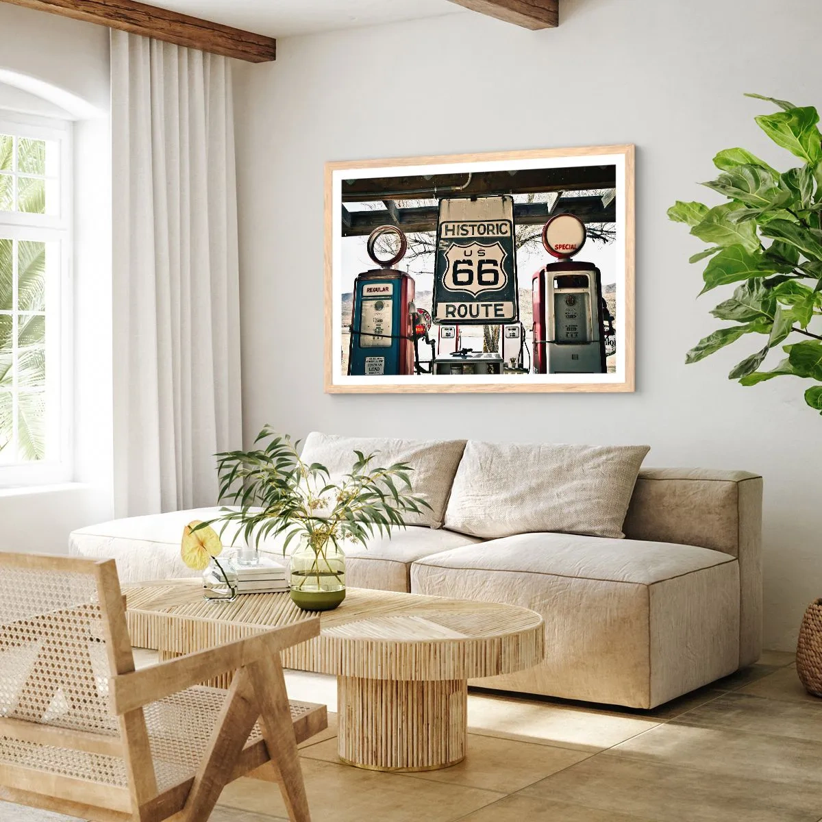 Plagát v ráme zo svetlého duba - Americká retro cesta - 91x61 cm