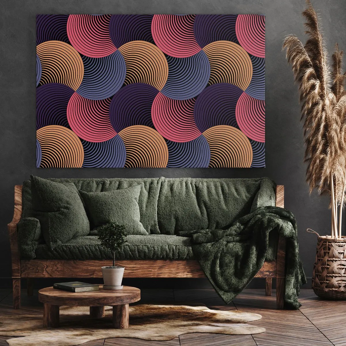 Obraz na plátne - Geometrické kruhy v odtieňoch ružovej, fialovej a zlatej - 70x50cm - V kruhovom rytme - Moderná nástenná dekorácia do obývacej izby a spálne ARTTOR