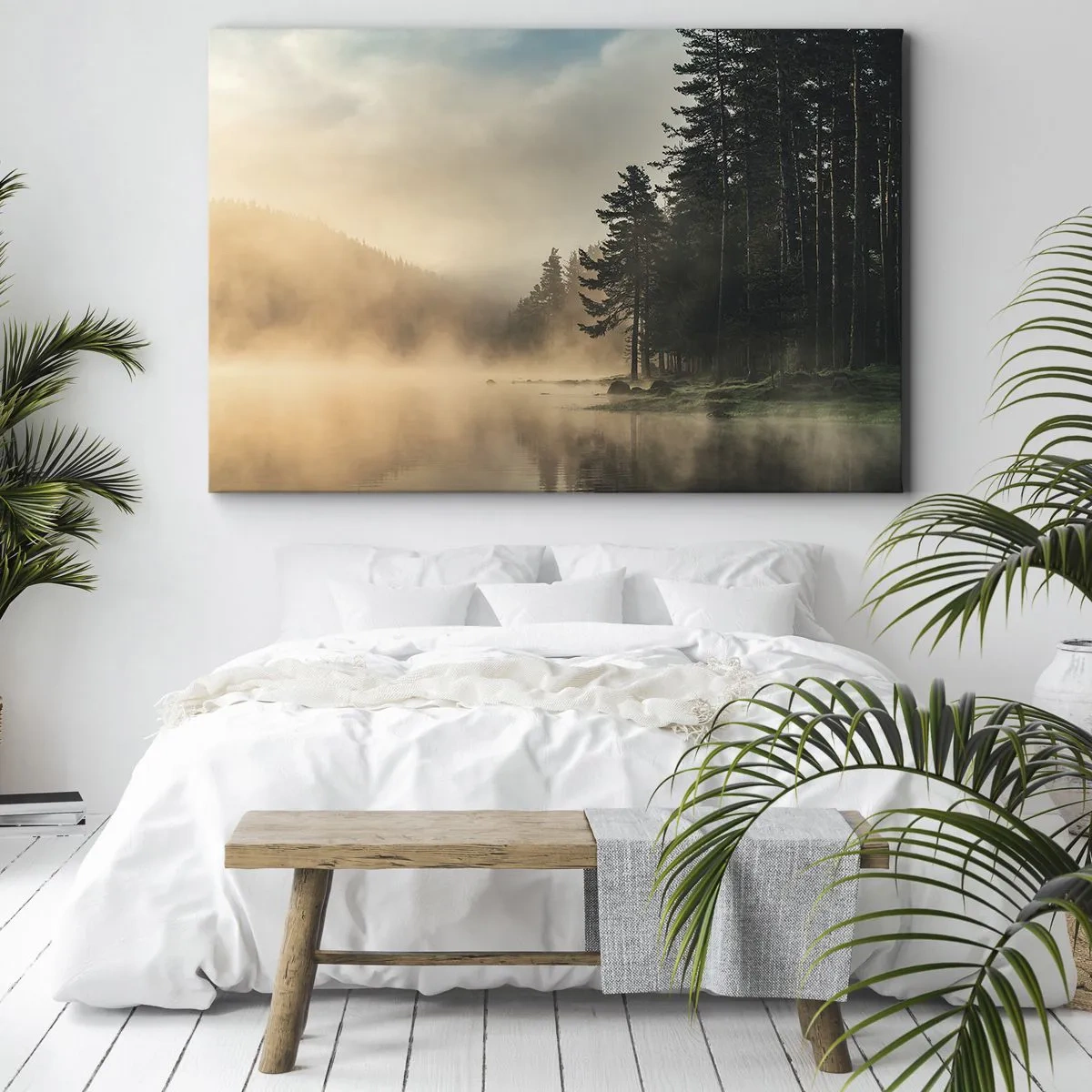 Obraz na plátne - Hmlistý les nad pokojným jazerom - 70x50cm - Zrodenie dňa - Moderná nástenná dekorácia do obývacej izby a spálne ARTTOR