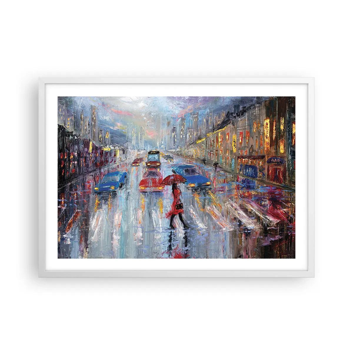 Plagát v bielom ráme - Daždivé popoludnie v meste - 70x50 cm