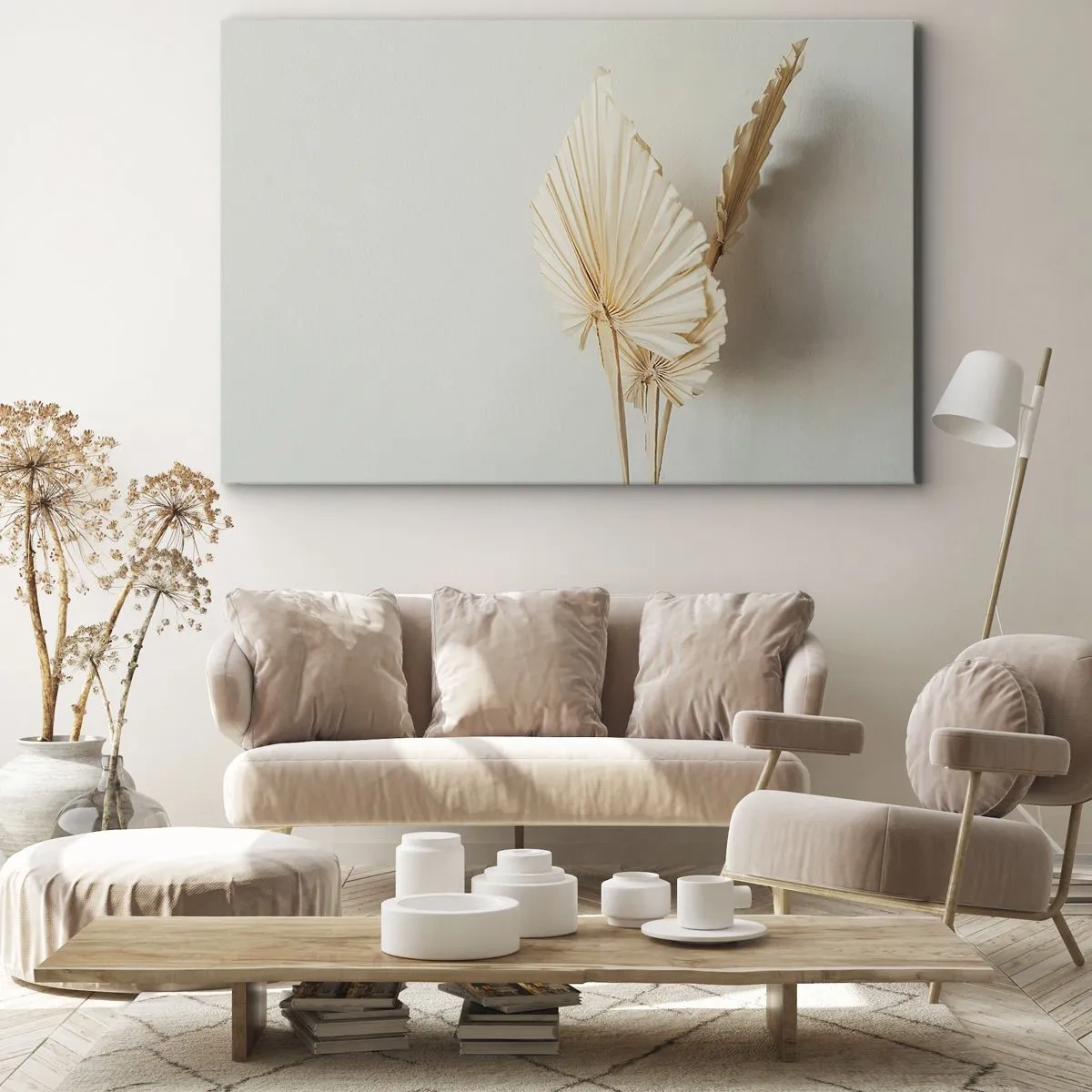 Obraz na plátne - Sušené palmové listy v minimalistickom aranžmáne - 70x50cm - Keď potrebuješ útechu - Moderná nástenná dekorácia do obývacej izby a spálne ARTTOR
