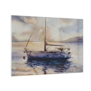 Obraz na skle - Jachta kotviaca v tichej zátoke za súmraku - 70x50cm - Večer v zátoke - Moderná nástenná dekorácia do obývacej izby a spálne ARTTOR