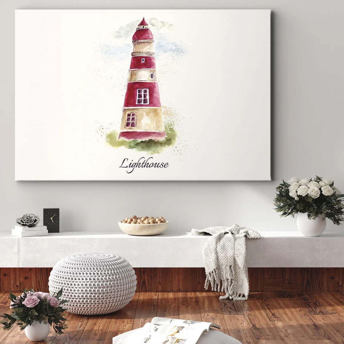 Obraz na plátne - Akvarelová maľba majáka na svetlom pozadí s nápisom - 70x50cm - Tu je vždy počasie - Moderná nástenná dekorácia do obývacej izby a spálne ARTTOR