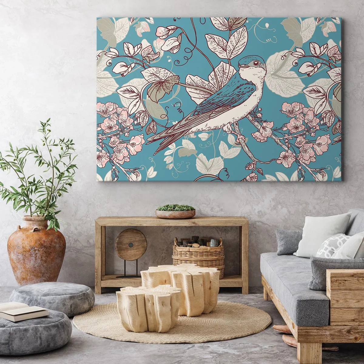 Obraz na plátne - Vtáčik na konári v jemnom kvetinovom štýle - 70x50cm - Na bielom strome vtáky a strieborné lístie - Moderná nástenná dekorácia do obývacej izby a spálne ARTTOR
