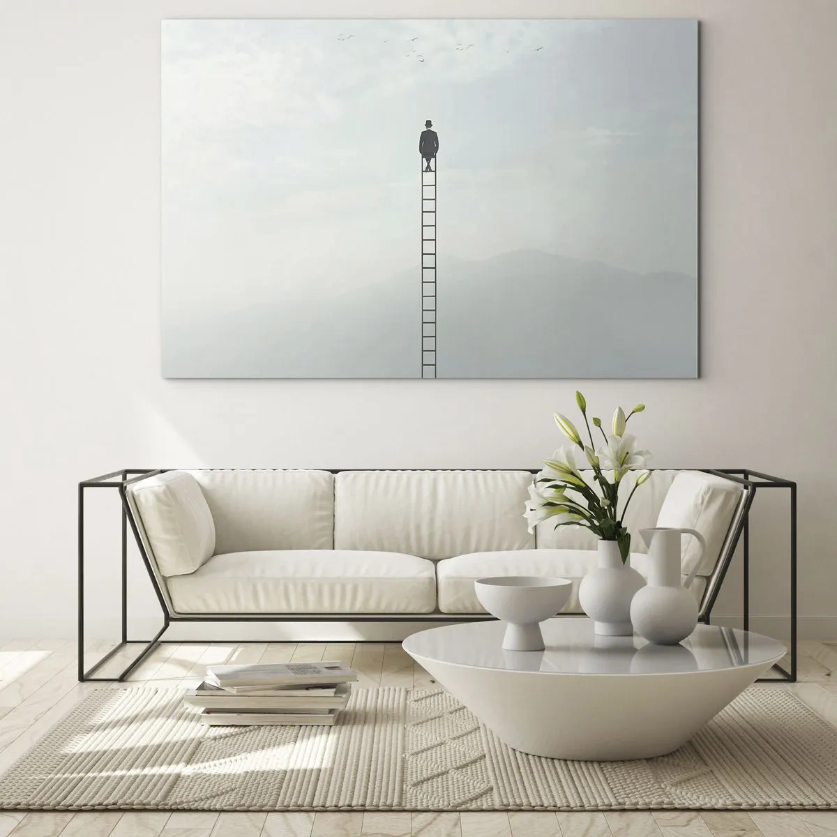 Obraz na skle - Silueta muža na vrchole rebríka v oblakoch - 70x50cm - Povzniesť sa nad to - Moderná nástenná dekorácia do obývacej izby a spálne ARTTOR