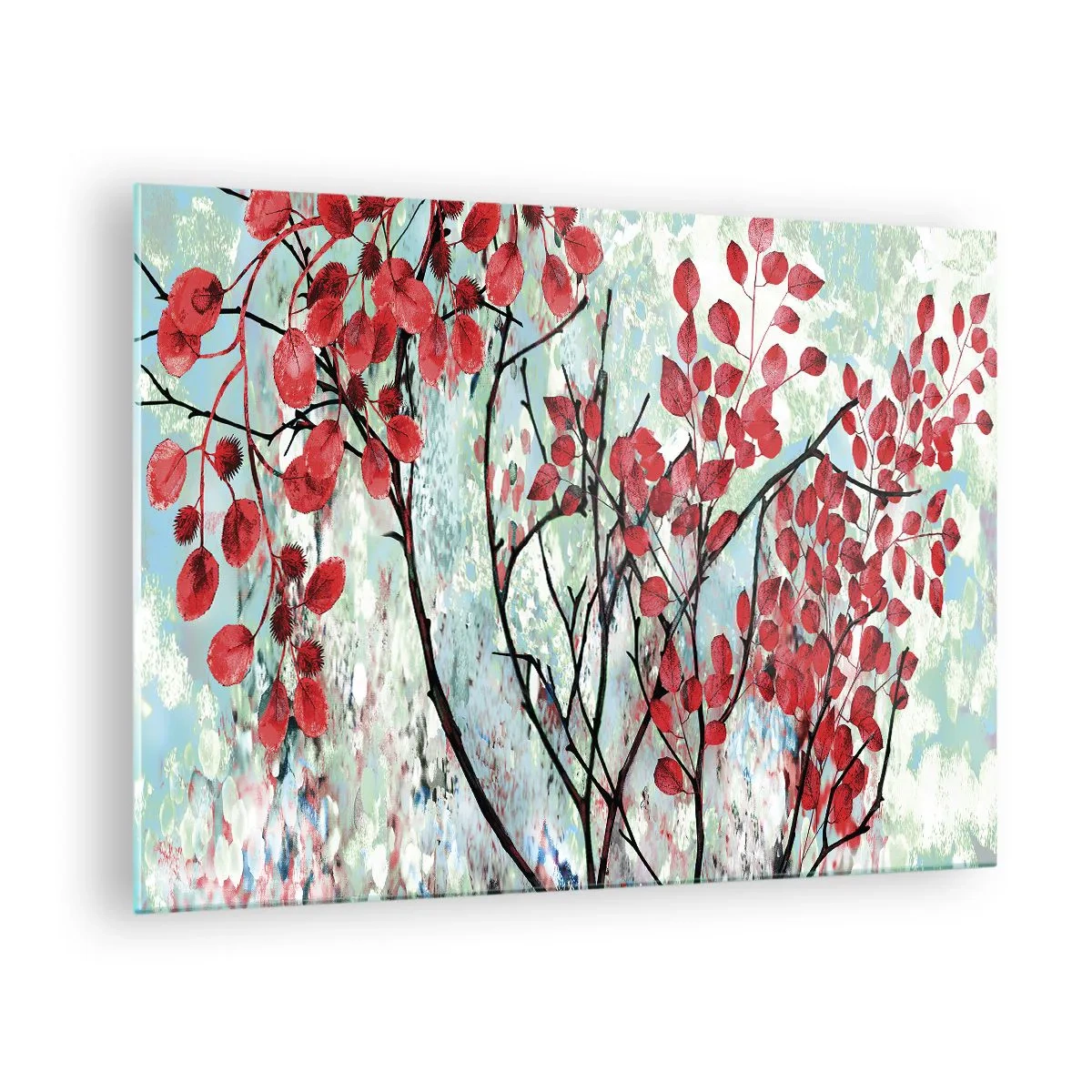 Obraz na skle - Konáre s červenými listami na maľovanom pozadí - 70x50cm - Strom v šarlátovej - Moderná nástenná dekorácia do obývacej izby a spálne ARTTOR