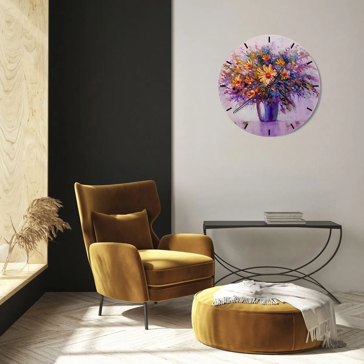 Nástenné hodiny - Kytica kvetov vo fialovej farbe s intenzívnymi farbami - 30x30cm - Sladko vonia, sladko vyzerá - Moderná nástenná dekorácia do obývacej izby, kuchyne a spálne ARTTOR