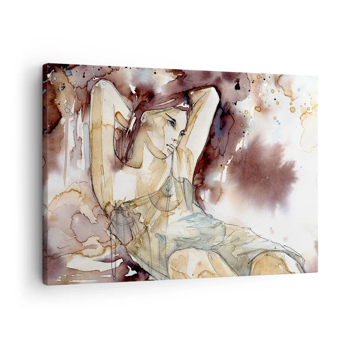 Obraz na plátne - Žena v umeleckom akvarelovom štýle s hnedým pozadím - 70x50cm - Fialová nálada - Moderná nástenná dekorácia do obývacej izby a spálne ARTTOR