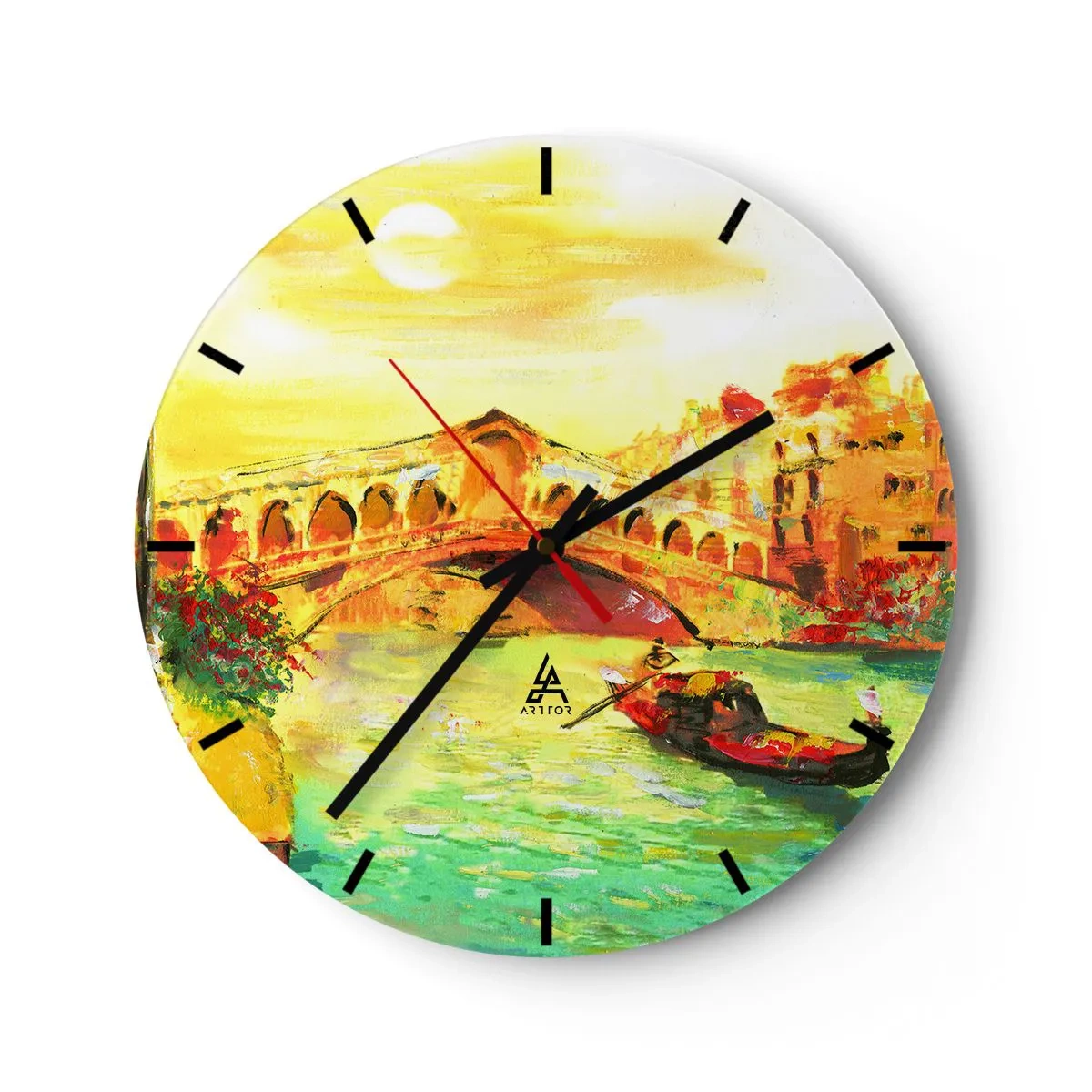Nástenné hodiny - Scéna s gondolou na pozadí mosta v zlatých farbách - 30x30cm - Púť zamilovaných - Moderná nástenná dekorácia do obývacej izby, kuchyne a spálne ARTTOR