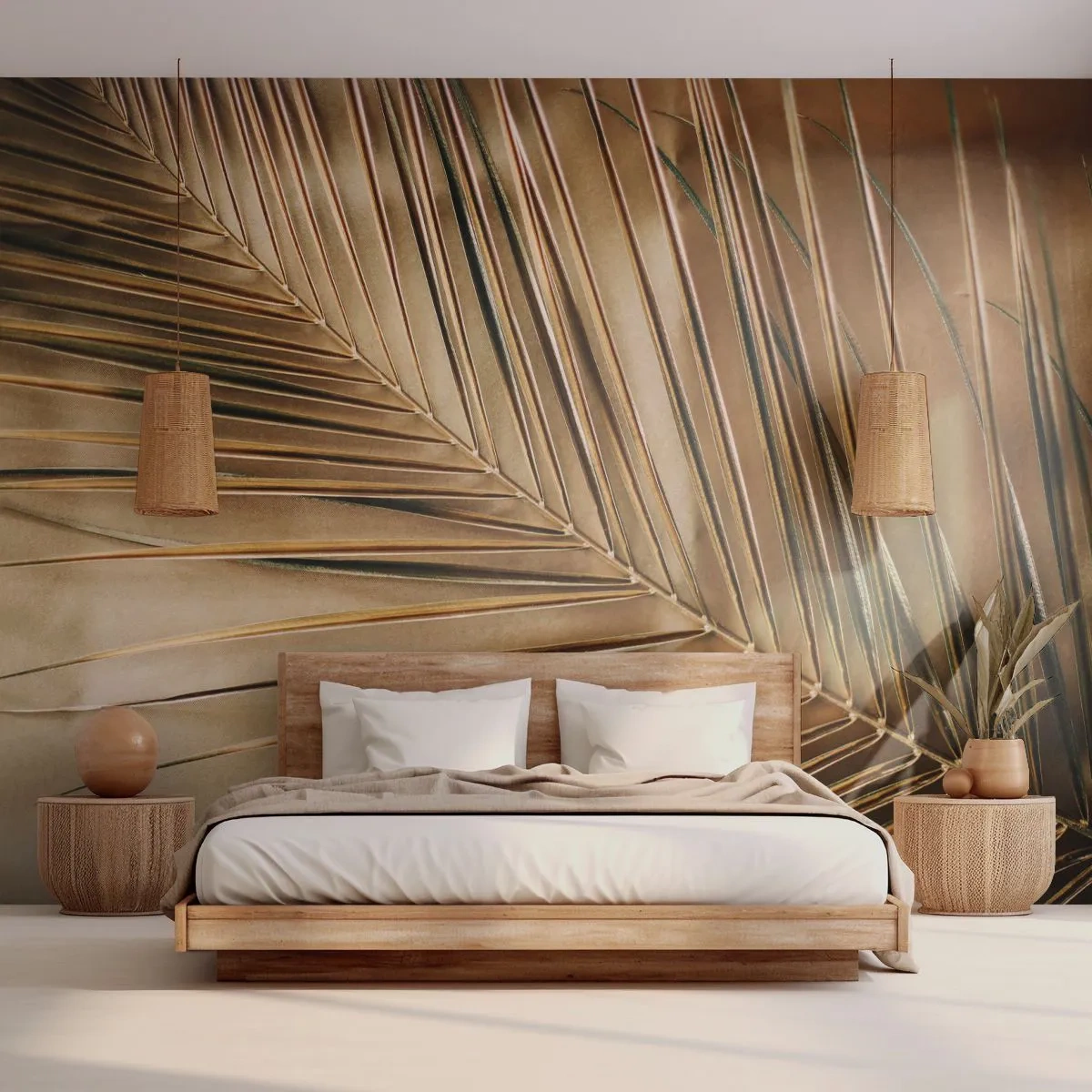 Fototapeta Premium Sand - Prírodná kolonáda - Palmový list, Grafika, trópy - 350x256 cm