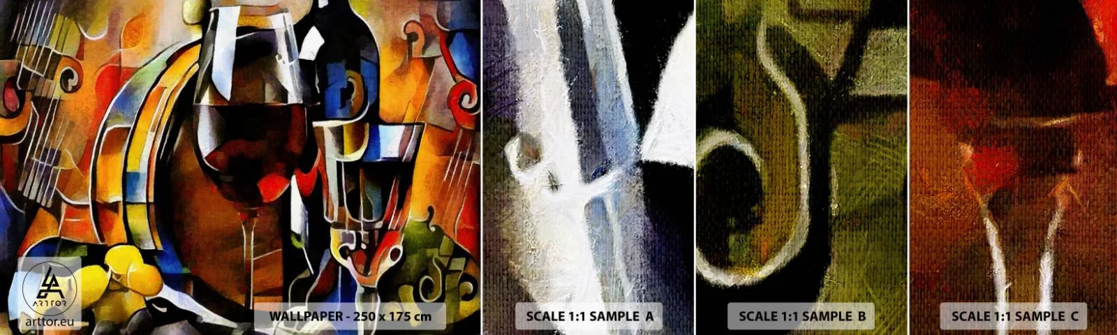 Vzorka samolepiacej fototapety Deluxe Sticker - Aj svet dostáva farby - Abstrakcia, kubizmus, Kus - 100x30 cm