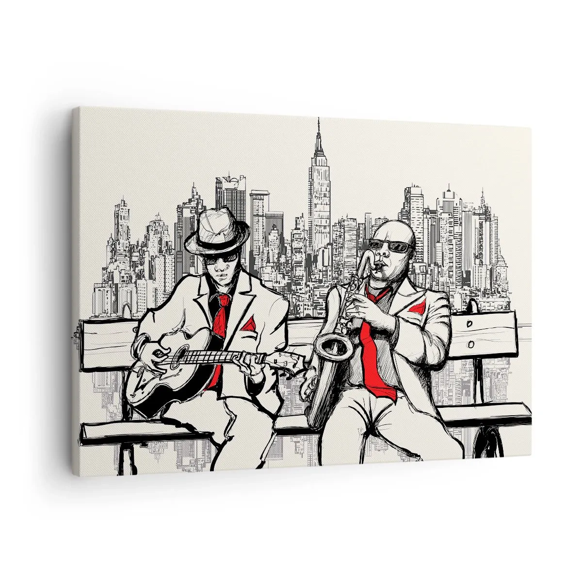 Obraz na plátne - Džezové duo so saxofónom a gitarou na pozadí mesta - 70x50cm - Newyorská improvizácia - Moderná nástenná dekorácia do obývacej izby a spálne ARTTOR