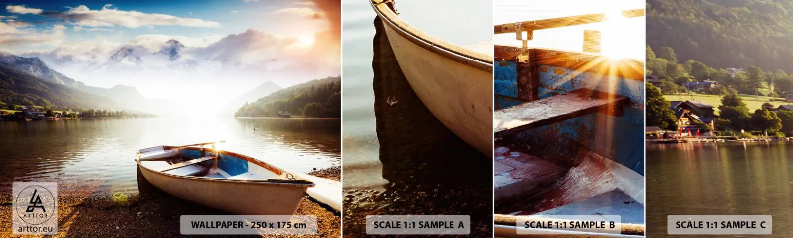 Vzorka samolepiacej fototapety Deluxe Sticker - Pri veľkej a čistej vode - Krajina, Jazero, hory - 100x30 cm