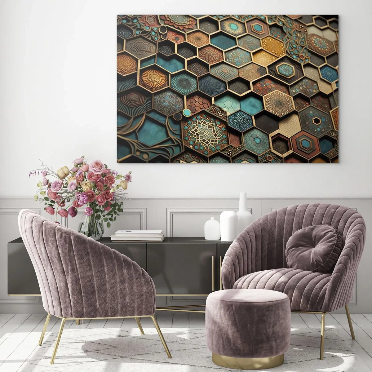 Obraz na skle - Mozaika s geometrickými vzormi v orientálnom štýle - 70x50cm - Arabské ornamenty – variácia - Moderná nástenná dekorácia do obývacej izby a spálne ARTTOR