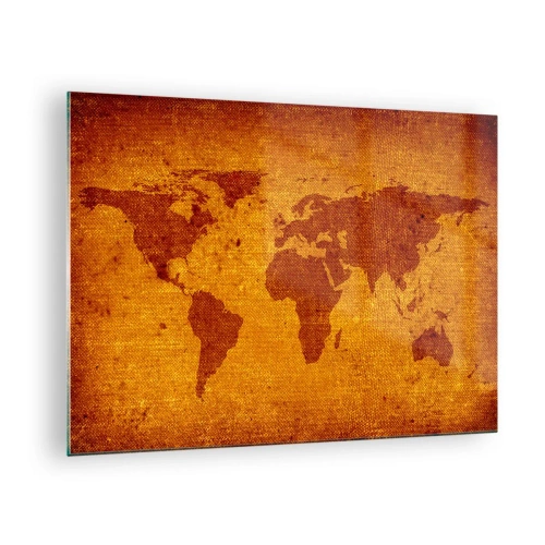 Obraz na skle - Mapa sveta v teplých, sépiových farbách - 70x50cm - Pozvánka na cestovanie - Moderná nástenná dekorácia do obývacej izby a spálne ARTTOR
