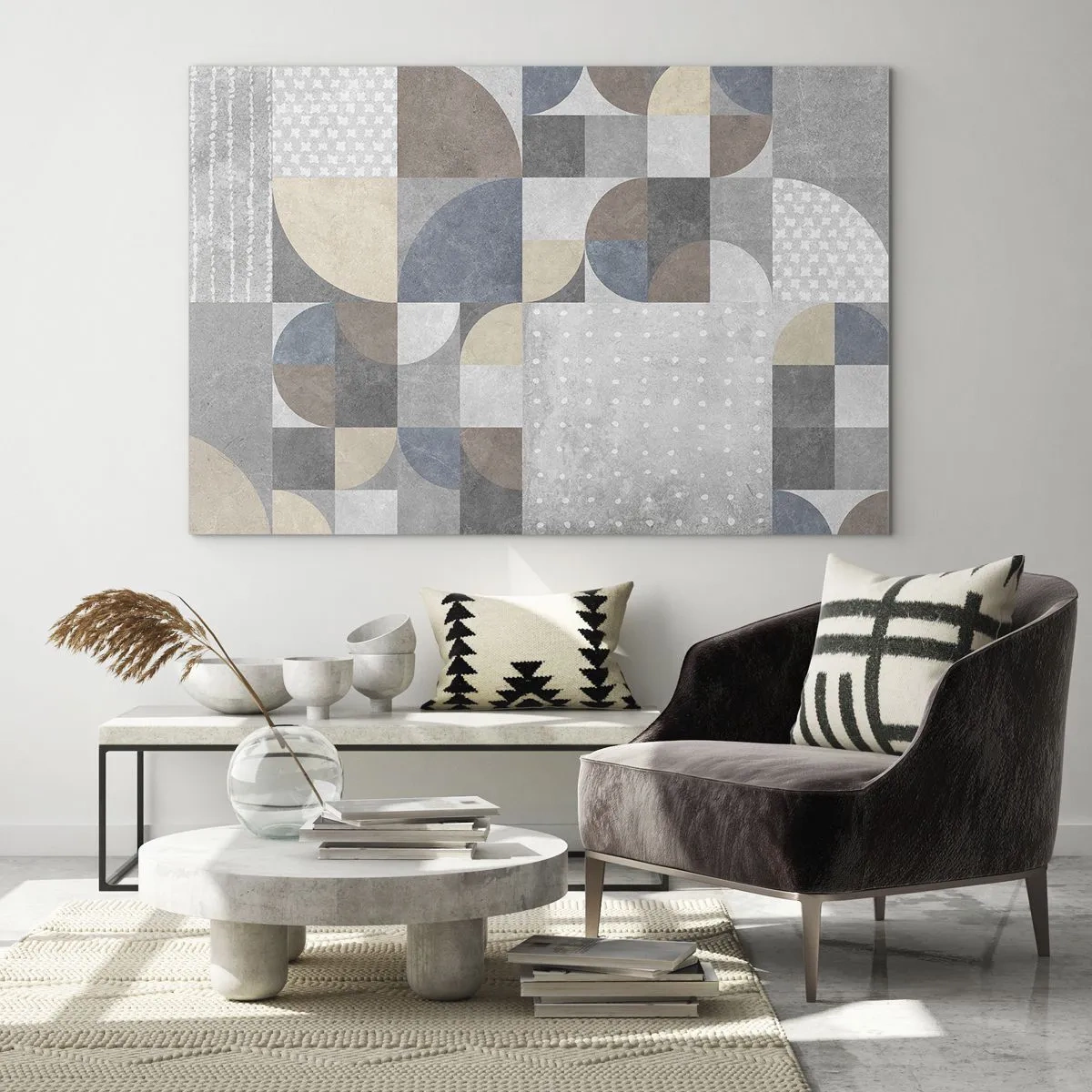 Obraz na skle - Abstraktná geometrická kompozícia s rôznymi tvarmi a odtieňmi sivej. - 70x50cm - Keramická fantázia - Moderná nástenná dekorácia do obývacej izby a spálne ARTTOR