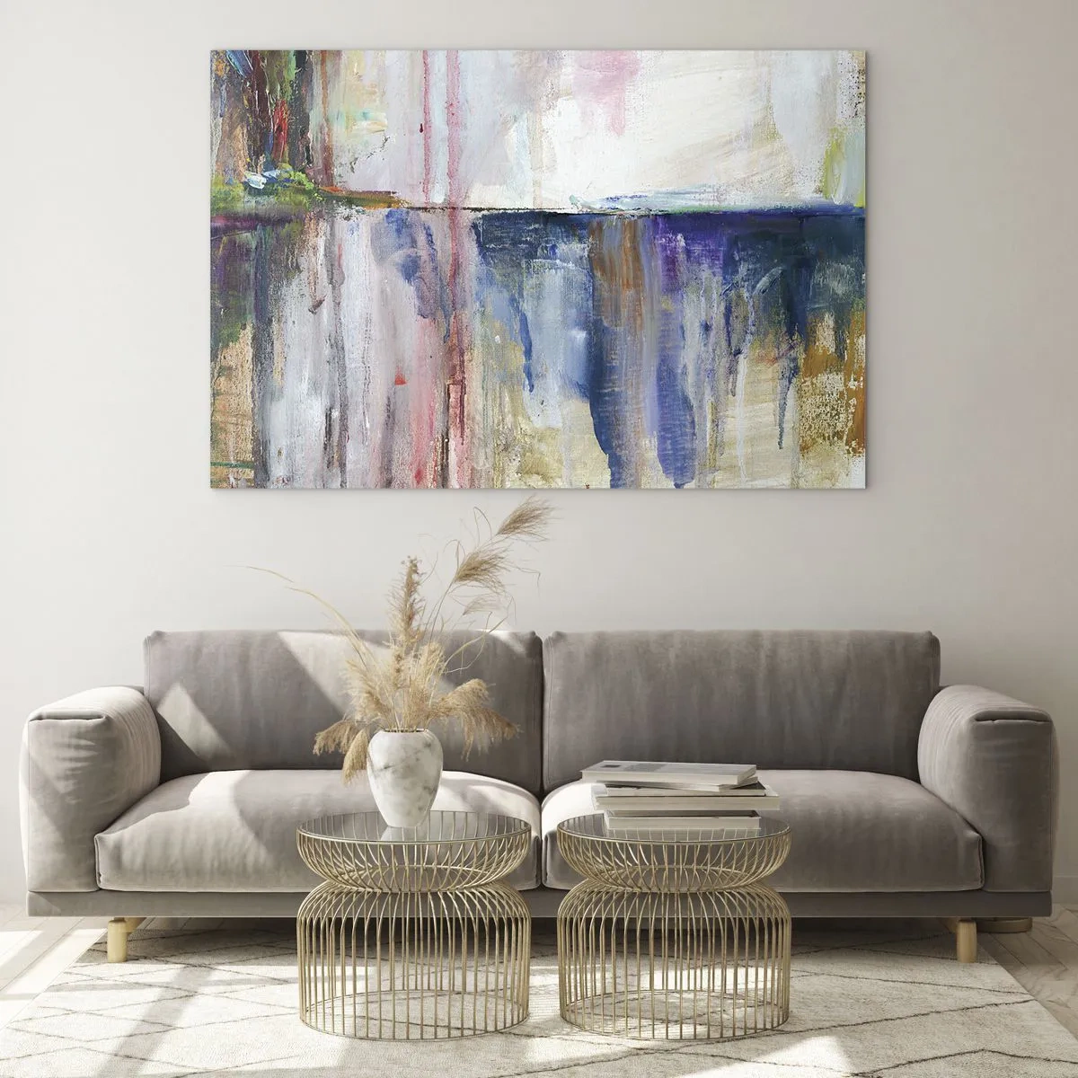 Obraz na skle - Farebná abstrakcia s dynamickými pruhmi a textúrami farby. - 70x50cm - Farebné dojmy a asociácie - Moderná nástenná dekorácia do obývacej izby a spálne ARTTOR