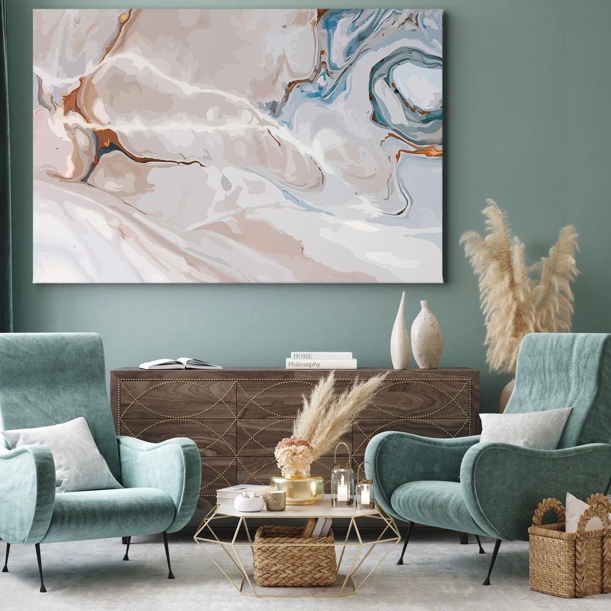 Obraz na plátne - Abstraktný vzor v odtieňoch bielej a modrej - 70x50cm - Modré meandre pod bielou - Moderná nástenná dekorácia do obývacej izby a spálne ARTTOR