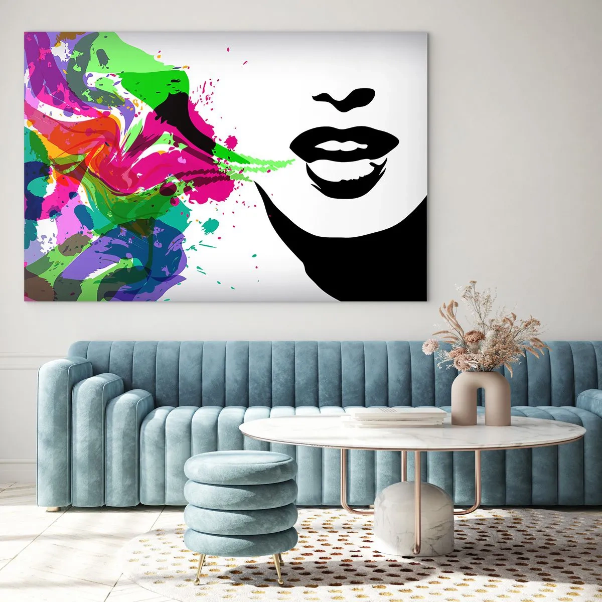 Obraz na skle - Farebná abstrakcia so ženským profilom a farebnými škvrnami. - 70x50cm - Rozprávanie vo farbách dúhy - Moderná nástenná dekorácia do obývacej izby a spálne ARTTOR