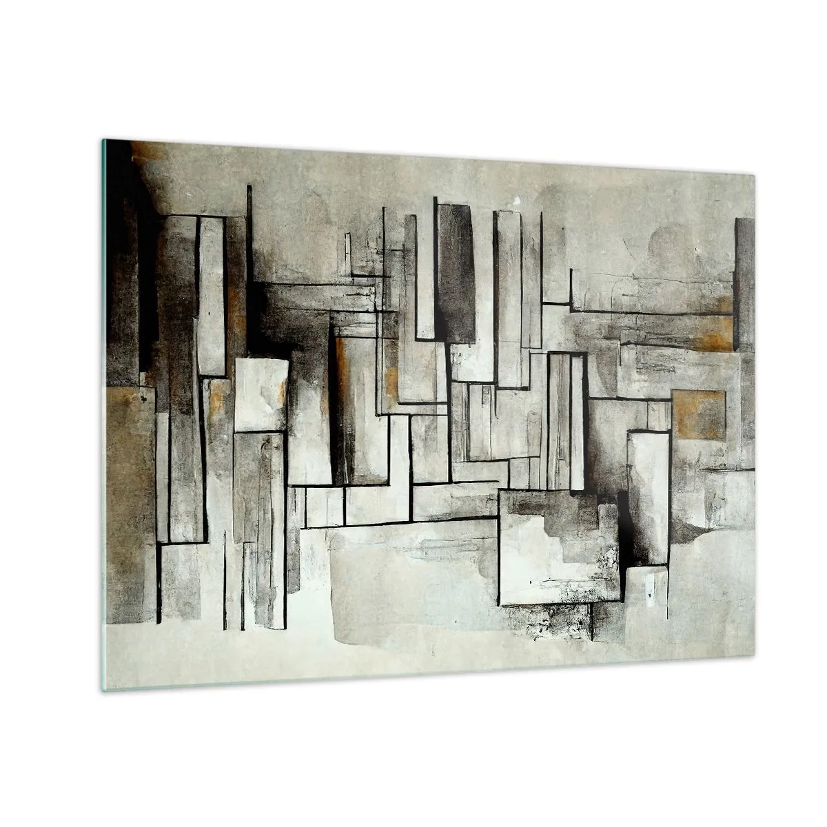 Obraz na skle - Geometrická kompozícia obdĺžnikov v tlmených sivých tónoch - 70x50cm - Sila jednoduchosti - Moderná nástenná dekorácia do obývacej izby a spálne ARTTOR