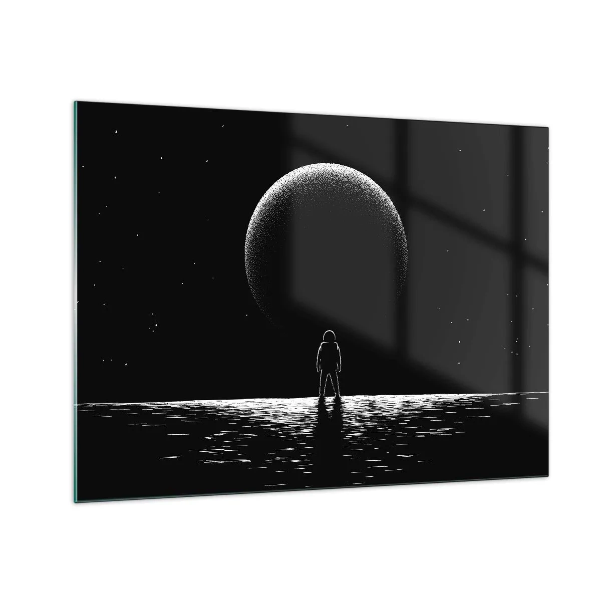 Obraz na skle - Astronaut stojaci pred planétou v čiernobielom prevedení - 70x50cm - Tvári v tvár - Moderná nástenná dekorácia do obývacej izby a spálne ARTTOR