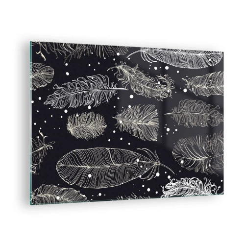 Obraz na skle - Biele perie na čiernom pozadí s jemnými detailmi - 70x50cm - Čipka s perím - Moderná nástenná dekorácia do obývacej izby a spálne ARTTOR