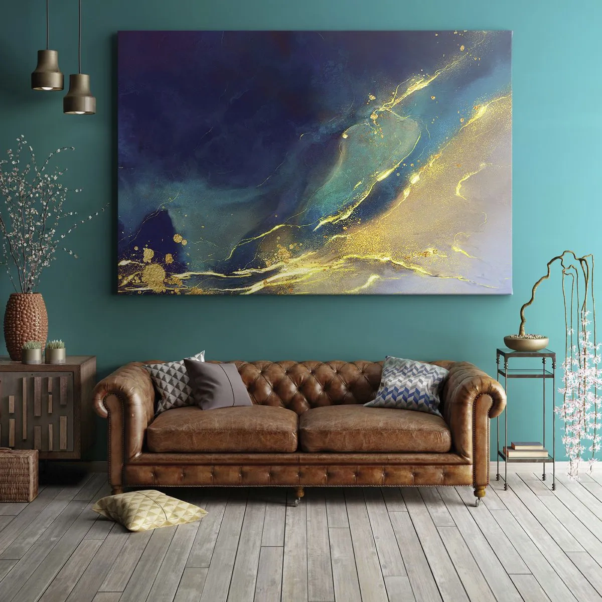 Obraz na plátne - Abstraktná kompozícia v odtieňoch modrej a zlatej na plátne - 70x50cm - Zlatý močiar - Moderná nástenná dekorácia do obývacej izby a spálne ARTTOR